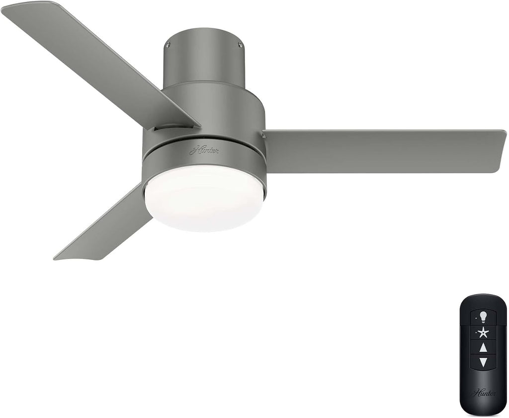 Hunter 44 inch Outdoor or Indoor Ceiling Fan with LED Light and Remote Control - Low Profile Mount Ceiling Fan, 3 Blades, For Patio, Porch, Garage, or Living Room, Quiet - Gilmour 51475, Matte Silver