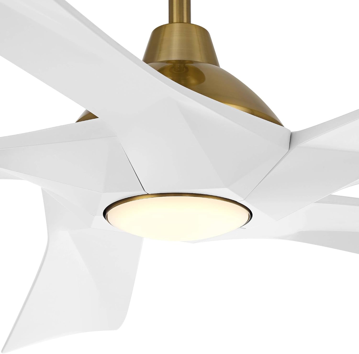 Possini Euro Design 60' Eloquent Modern Indoor Outdoor Ceiling Fan 5 Blade LED Light Remote Control Brass Finish White Blades Bedroom Patio Living Room Damp Rated Decorative DC Motor - 12' Downrod