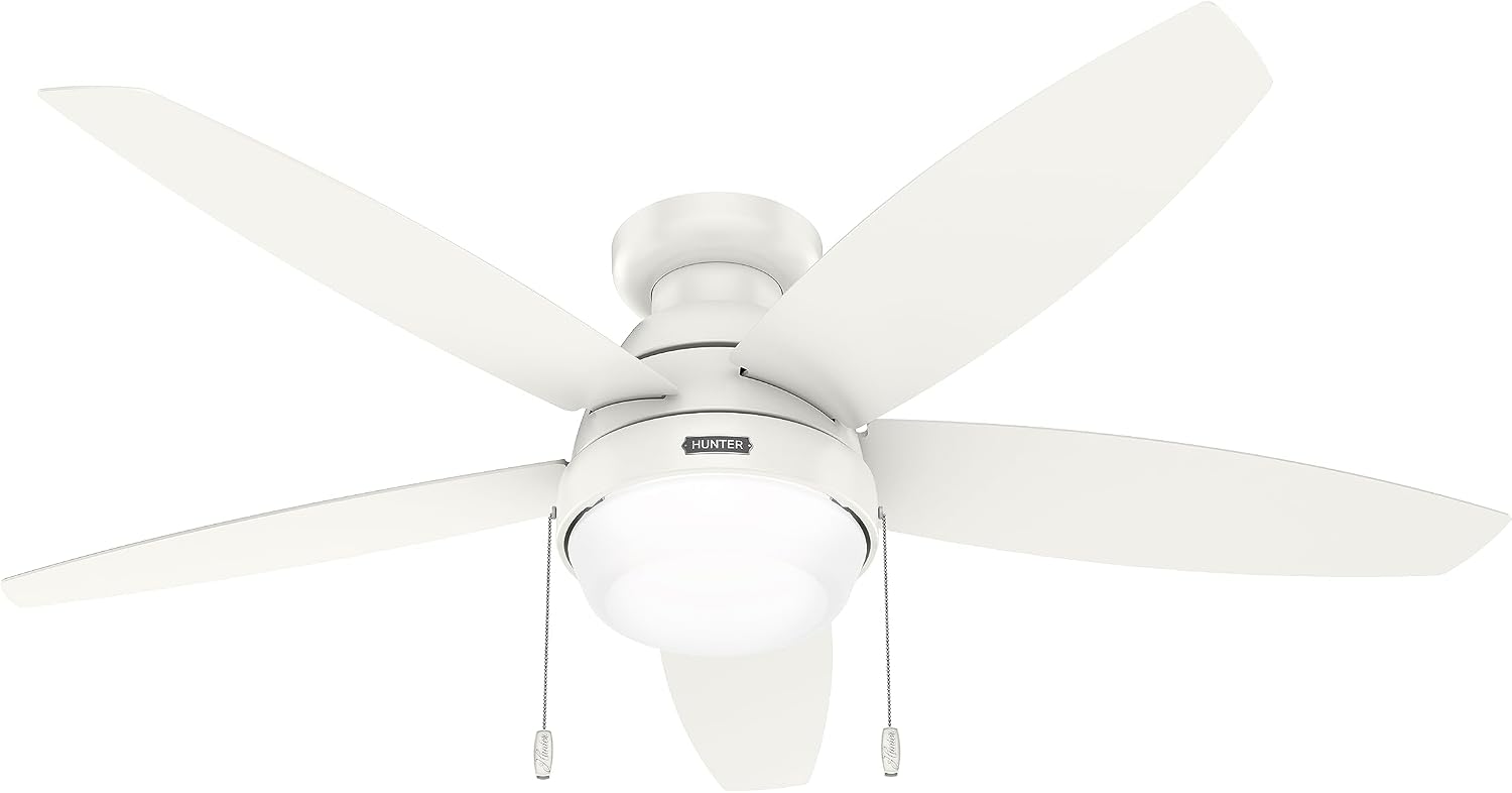 Hunter 52 inch Indoor Ceiling Fan with LED Light - White Ceiling Fan with Pull Chain, for Bedroom, Living Room, or Kitchen, Low Profile Mount, No Remote, 5 Blades - Lilliana 52418, Fresh White