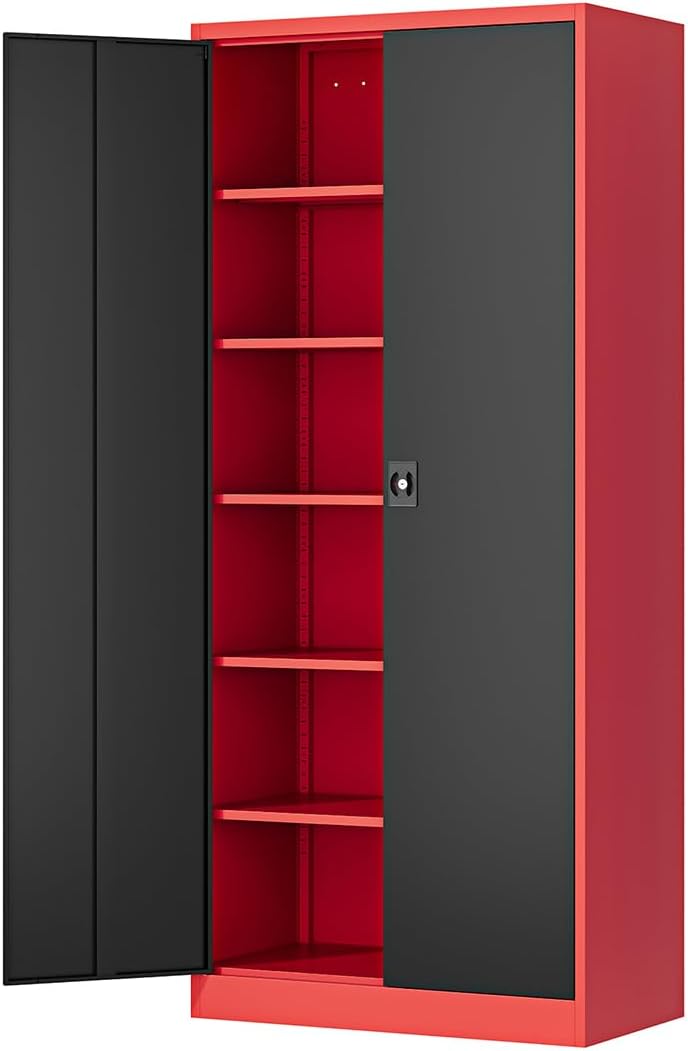 Fesbos Metal Storage Cabinet-71' Tall Steel File Cabinets with Lockable Doors and Adjustable Shelves-Black&Red Steel Storage Cabinet for Home,Kitchen, School, Office, Garage