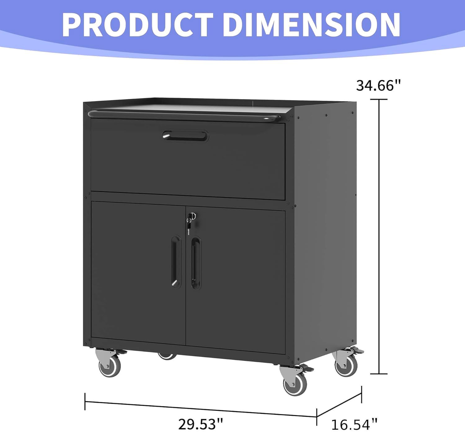 Metal Garage Storage Cabinet on Wheels, Lockable Rolling Tool Cabinet with Drawer and Shelves, Heavy Duty Mobile Steel Cabinet for Garage Warehouse Workshop