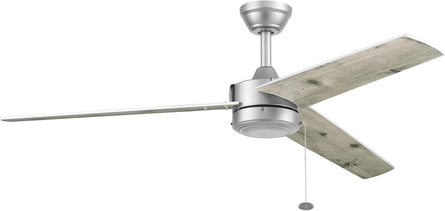 Prominence Home Tenant, 52 Inch Contemporary Indoor Outdoor LED Ceiling Fan, No Light, Pull Chain, Dual Mounting Options, 3 Dual Finish Blades, Reversible Airflow - 51867-01 (Brushed Nickel)