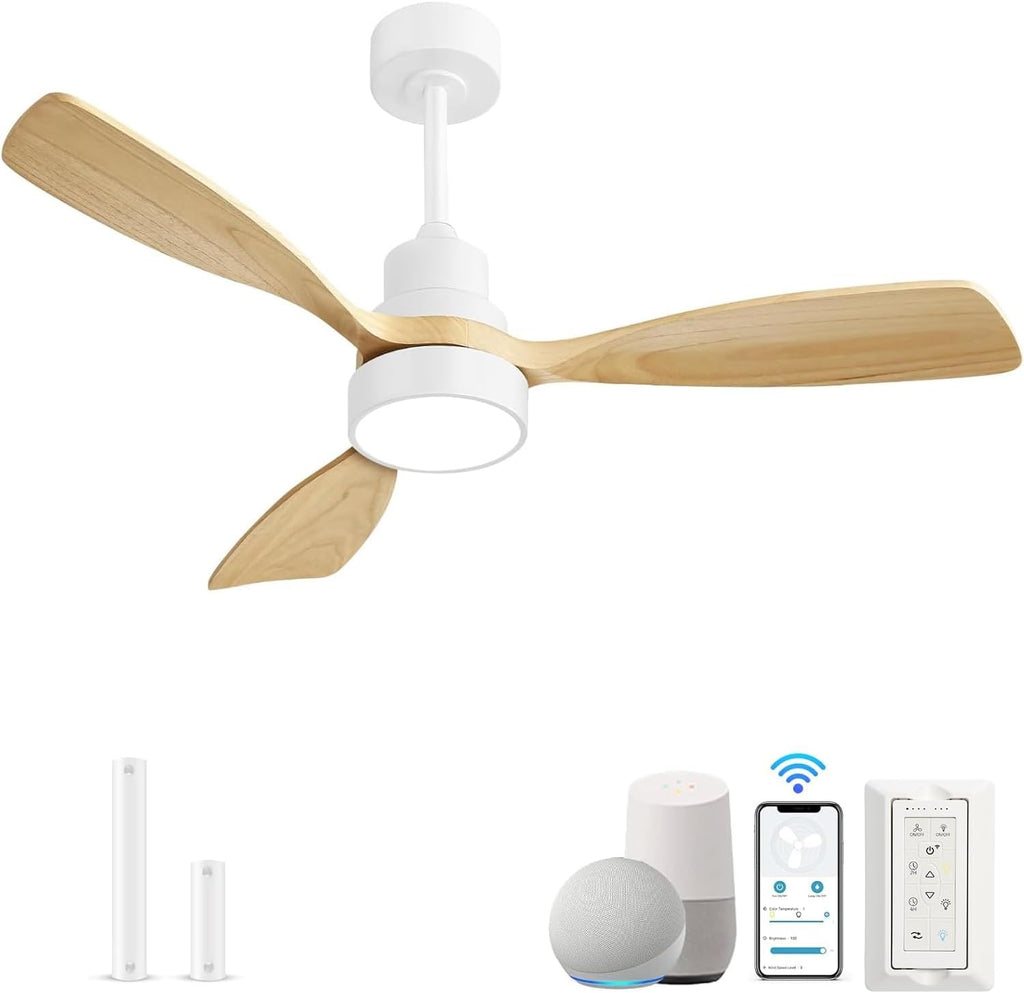 Sofucor 48 Inch Smart Ceiling Fan, Small Indoor/Outdoor Ceiling Fans with Lights and Remote, Work with Alexa/Google, Quiet DC Motor, 6 Speed, Solid Wood Ceiling Fans for Bedroom Living Room Patio