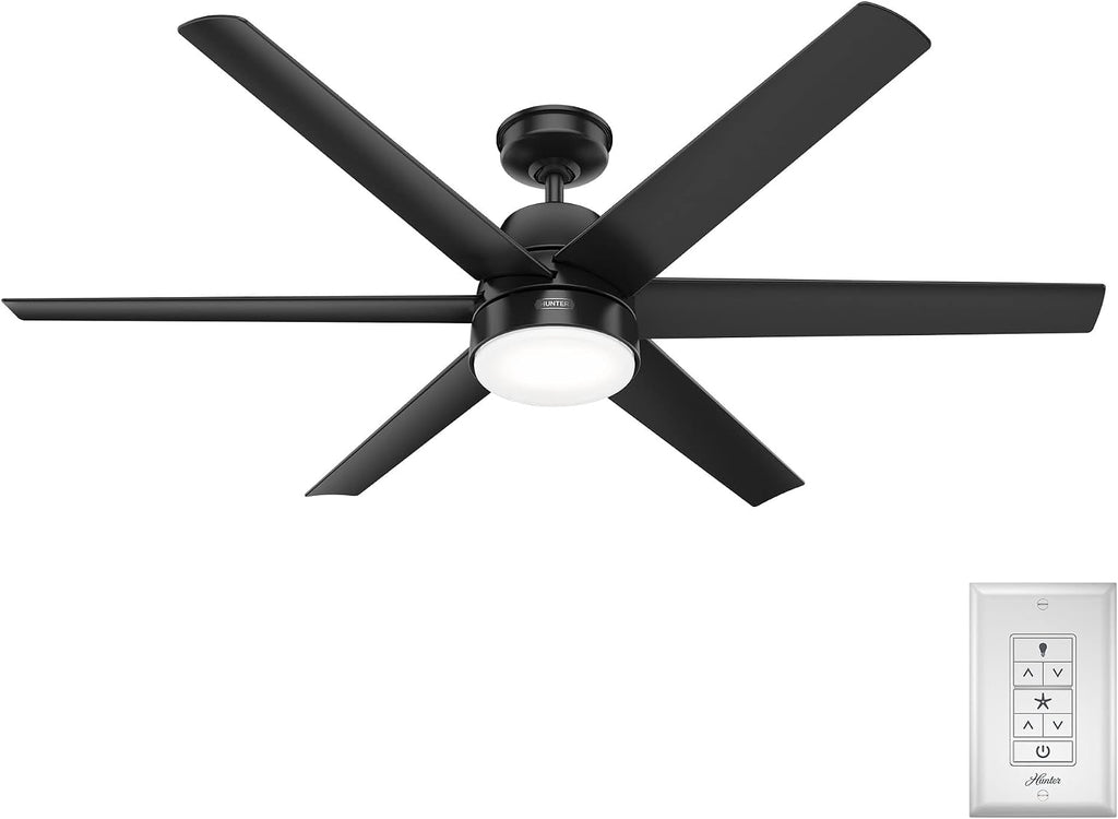 Hunter 60 inch Outdoor or Indoor Ceiling Fan with LED Light - Black Ceiling Fan with Wall Control, For Patio, Garage, or Porch, Quiet, Standard Mount, 6 Blades - Skysail 51875, Matte Black