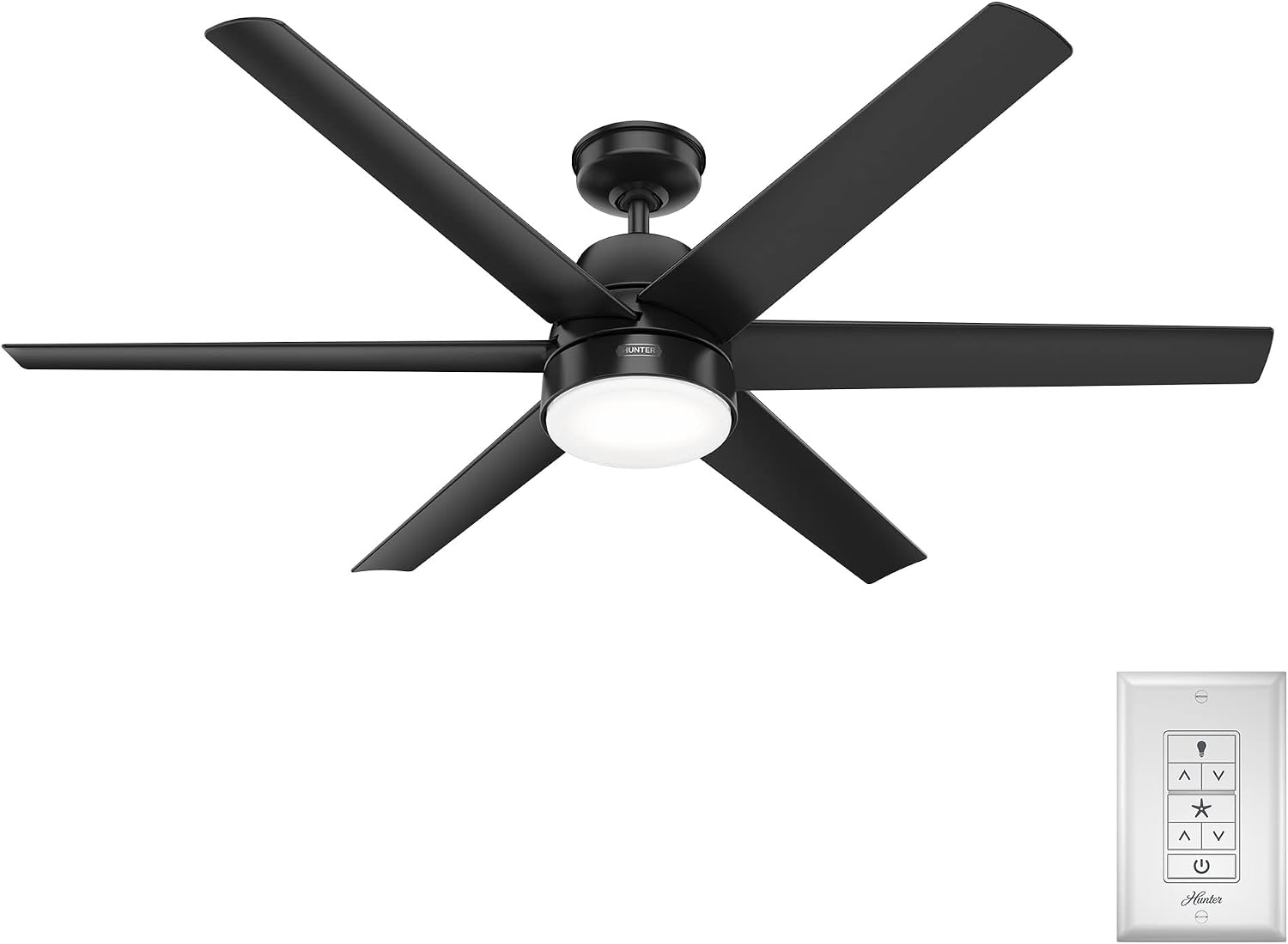 Hunter 60 inch Outdoor or Indoor Ceiling Fan with LED Light - Black Ceiling Fan with Wall Control, For Patio, Garage, or Porch, Quiet, Standard Mount, 6 Blades - Skysail 51875, Matte Black