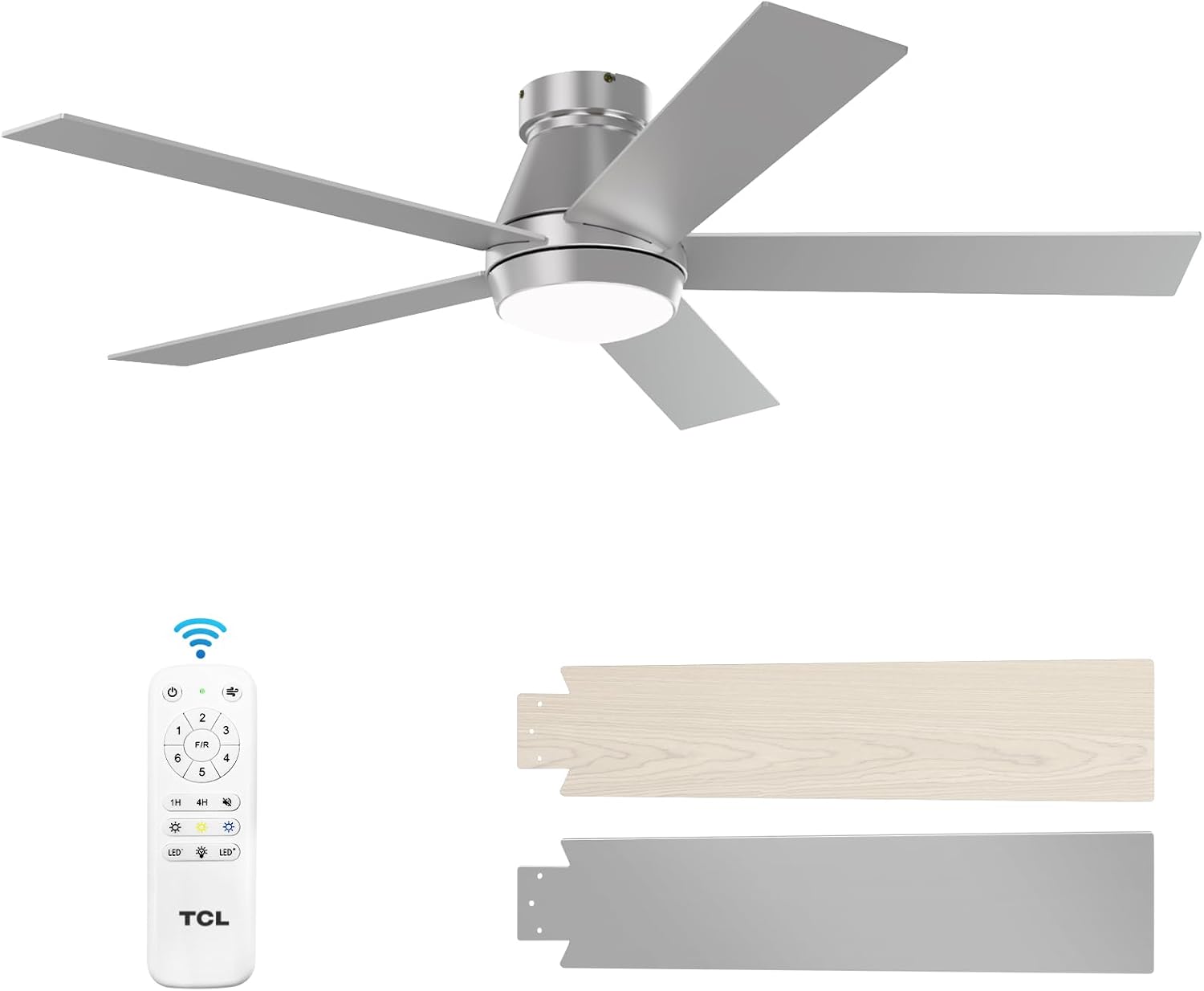 TCL 52' Ceiling Fan with Lights, Silver Flush Mount, 5 Blade Low Profile, 6 Speeds DC Reversible, Dimmable, Modern for Bedroom, Living Room and Garage