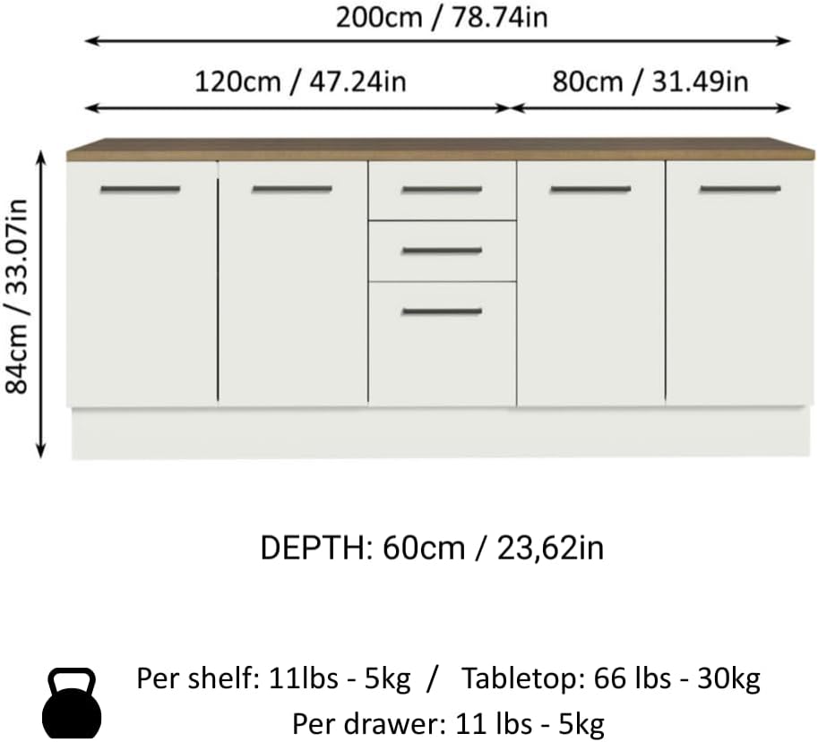 Madesa Compact Garage and Utility Room Storage Set 78 Inch Base Cabinet with 3 Drawers and 4 Doors Utility Bench Wooden Organization Unit - White