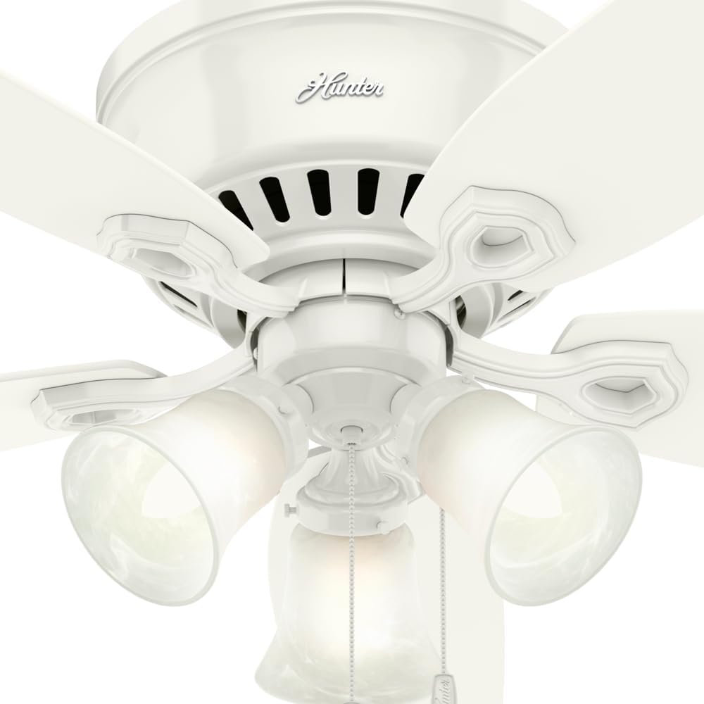 Hunter 52 inch Indoor Ceiling Fan with LED Lights - White Ceiling Fan with Pull Chain, For Bedroom, Living Room, or Kitchen, Low Profile Flush Mount, No Remote, 5 Blades - Builder 53326, Snow White