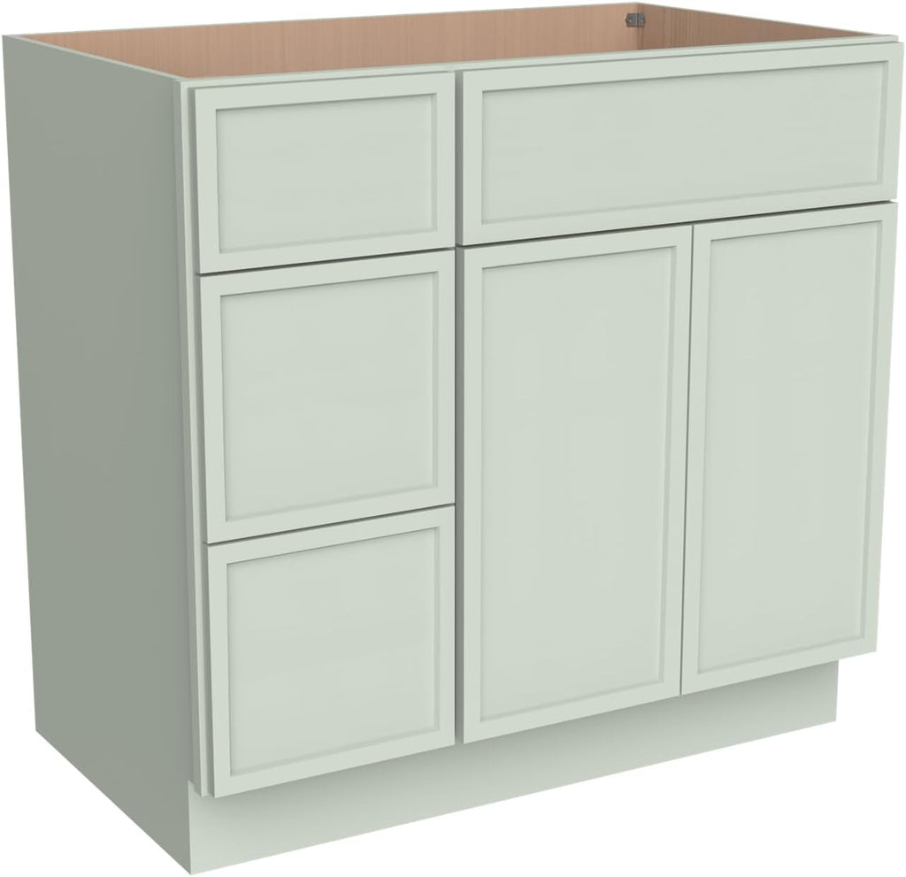 Solid Wood RTA Bathroom Vanity Sink Base Cabinet Sink Storage Cabinet with 2 Doors and 3 Left Drawers, Freestanding Bathroom Cabinet（Jade Green, 36'W × 21'D × 34-1/2'H