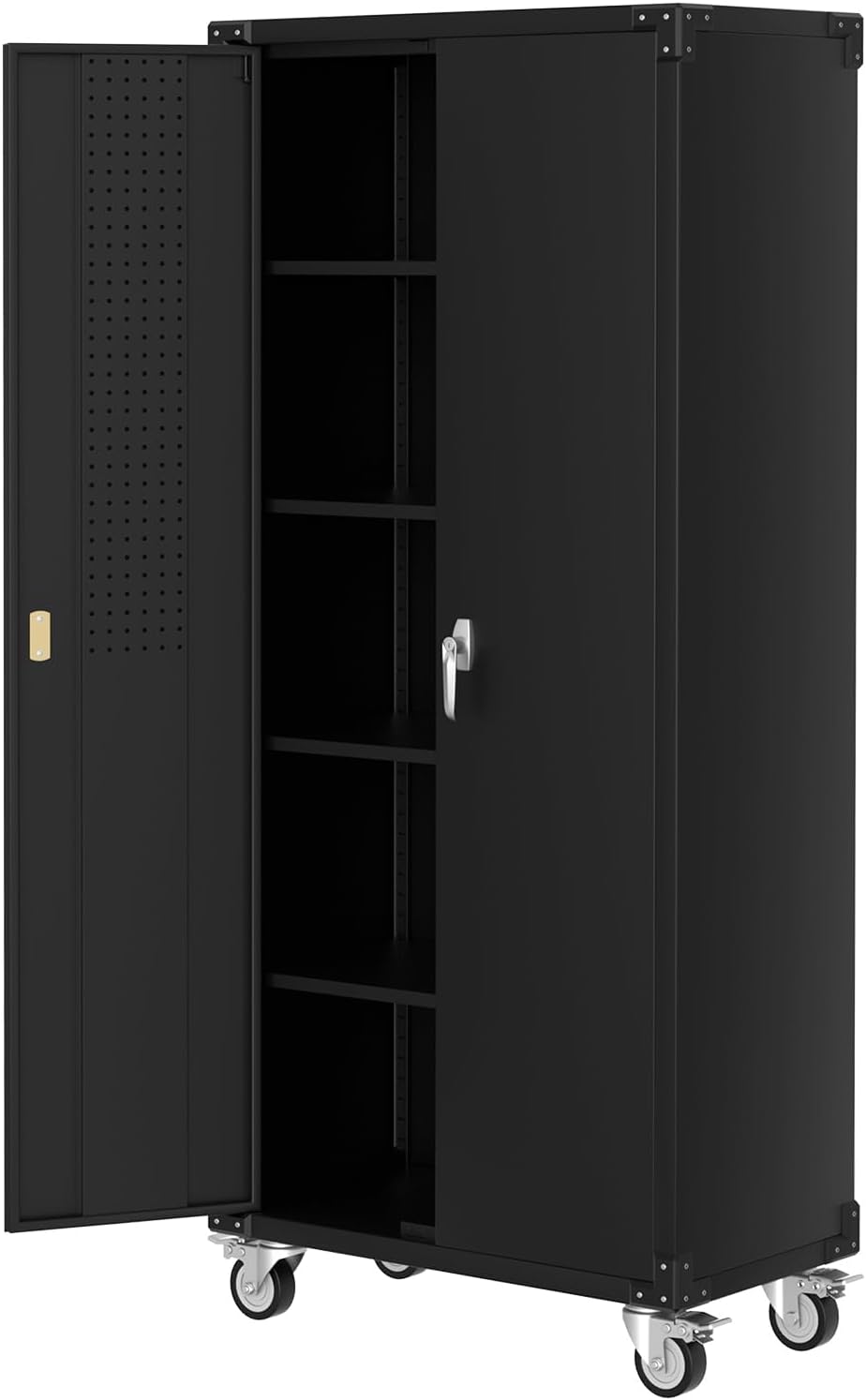 71.7' Metal Garage Storage Cabinet with Wheels, Locking Doors, Pegboard & 4 Adjustable Shelves, Heavy Duty Steel Cabinet for Garage, Workshop, Home, Office, Black