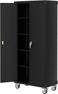 71.7' Metal Garage Storage Cabinet with Wheels, Locking Doors, Pegboard & 4 Adjustable Shelves, Heavy Duty Steel Cabinet for Garage, Workshop, Home, Office, Black