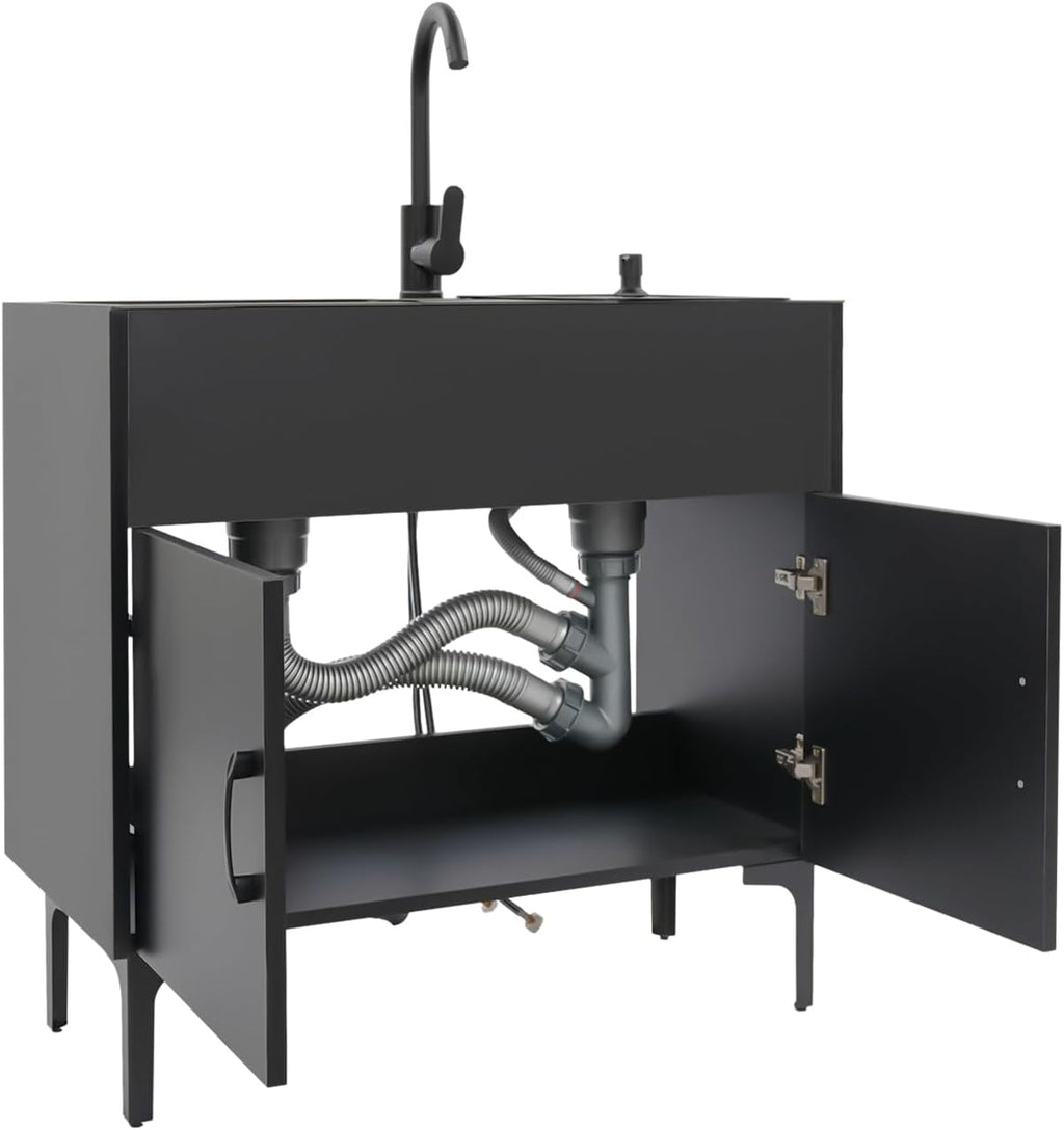 Laundry Sink Cabinet with Stainless Steel Sink and Cold & Hot Faucet, Utility Sink for Laundry/Utility Room, 32 Inch Double Bowl for Bathroom Kitchen and Outdoor, Black