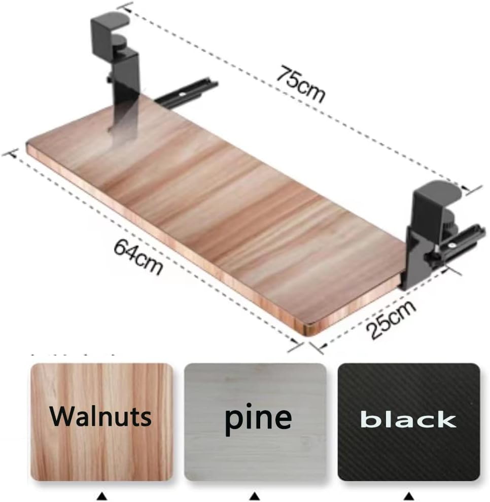 Pull-Out Keyboard Wood Keyboard Tray Under Desk Ergonomic Keyboard Drawer 64Cm/24Inch Keyboard Slide with C Clamp/Black (Walnut)