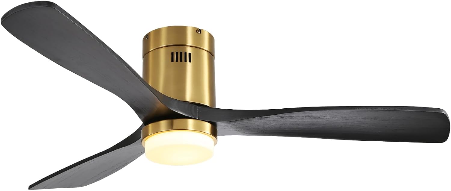 CACI Mall 52 Inch Wood Flush Mount Ceiling Fan with Lights, 3 Blades, Low Profile, Modern, 3CCT, Dimmable, Noiseless, Remote Contral, Outdoor Indoor Ceiling Fans for Bedroom/Farmhouse/Patio