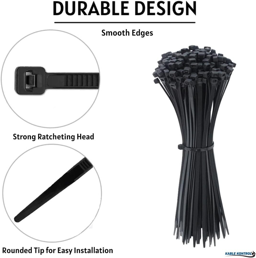 Kable Kontrol Cable Zip Ties Black 25,000 Pcs 8 Inch, 18 Lbs Tensile Strength, Bulk Pack, Self-locking UV Resistant Plastic Nylon Wire Ties, for Indoor or Outdoor Use