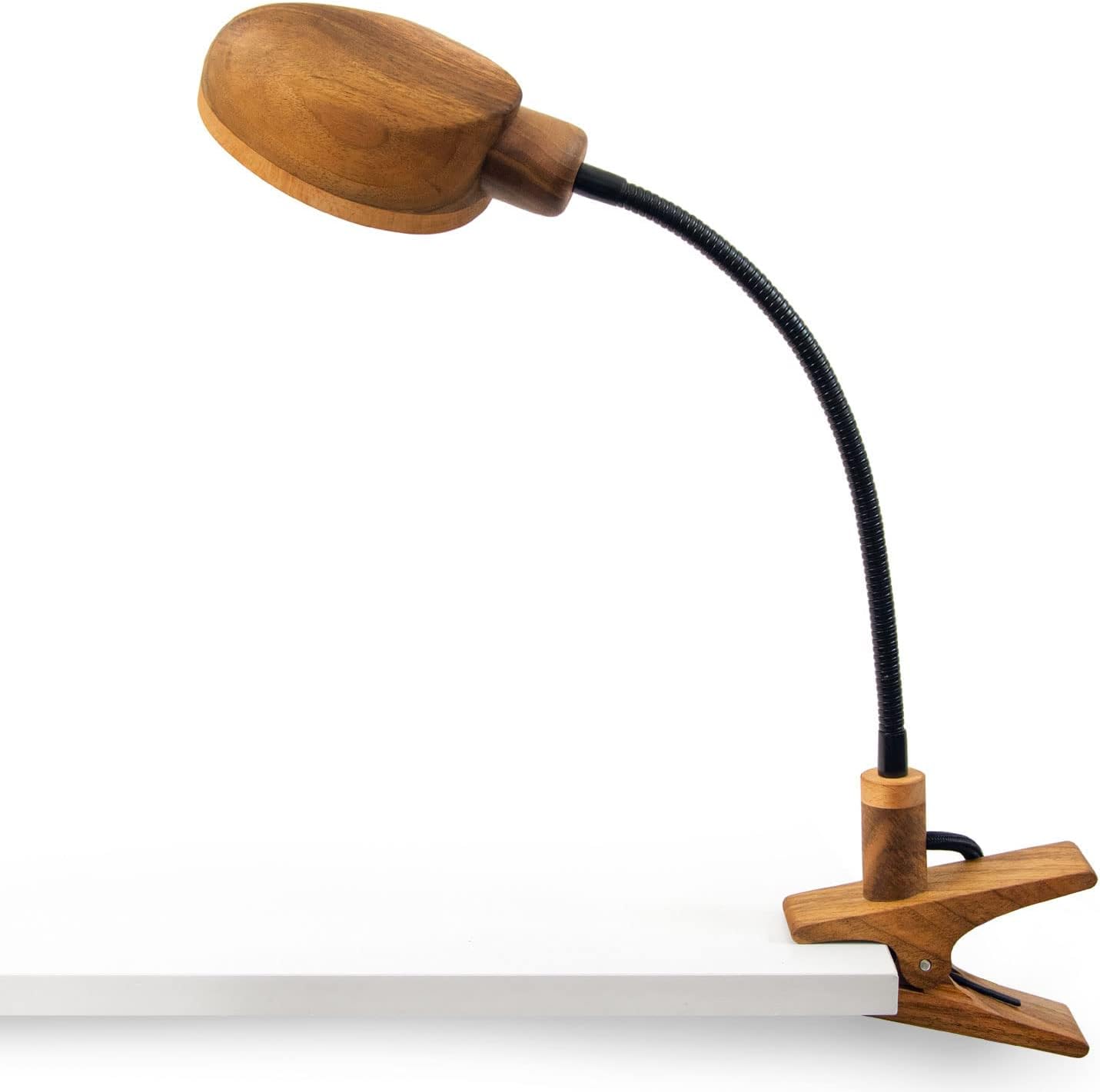 Wooden Clamp Table Lamp - Led Wood Desk Modern Lamps for Reading. Vintage Unique Bedside Clip Light for Living Room, Bedroom, Office. Mid-Century Scandinavian Design.