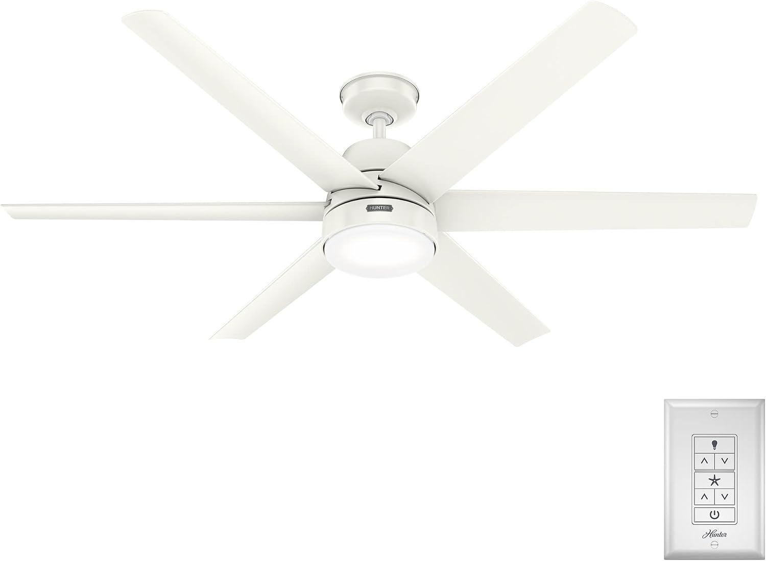 Hunter 60 inch Outdoor or Indoor Ceiling Fan with LED Light - White Ceiling Fan with Wall Control, For Patio, Garage, or Porch, Quiet, Standard Mount, 6 Blades - Skysail 52370, Fresh White