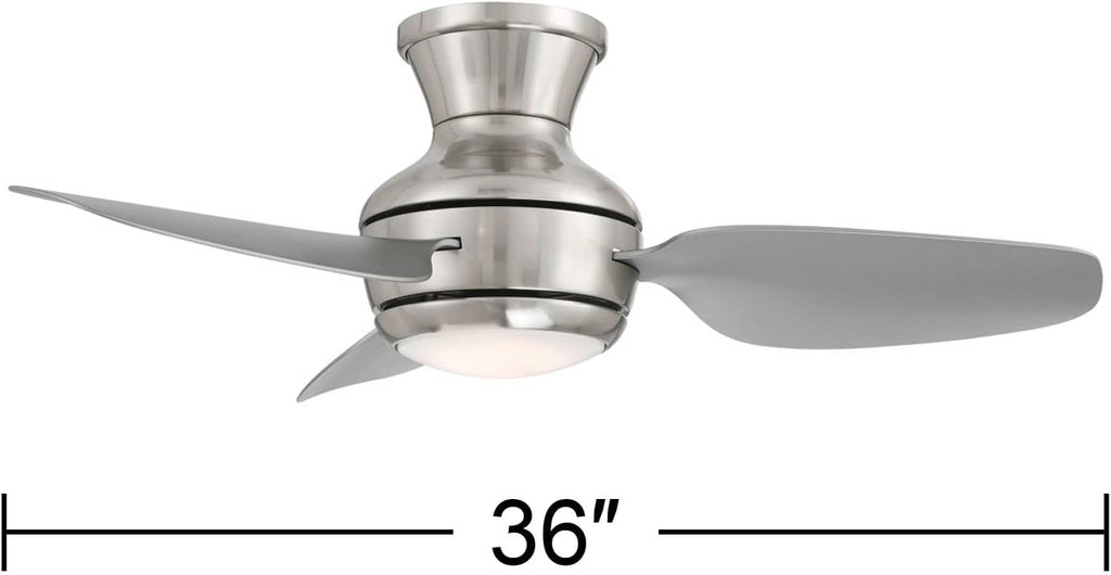 Casa Vieja 36' Whirl Modern Industrial Indoor Outdoor Ceiling Fan 3 Blade LED Light Remote Control Brushed Nickel Finish Silver Blades Bedroom Patio Living Room Kitchen Hugger Flush Mount Decorative