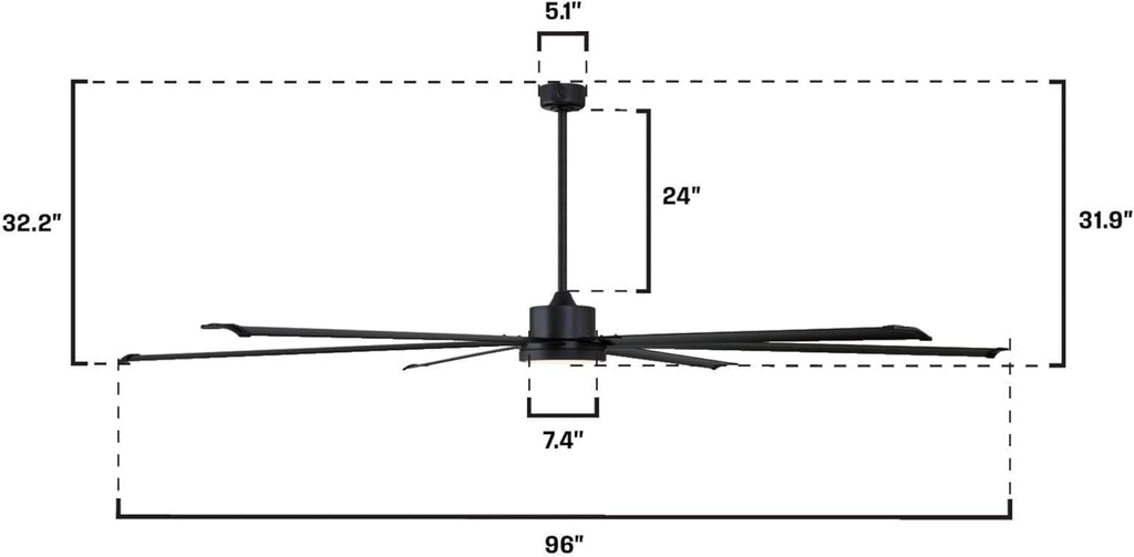 Westinghouse Lighting Adjustable Ceiling Fan with Light, 96-Inch Industrial Indoor/Outdoor Widespan Fan in Matte Black, DC Motor, Dimmable LED with Opal Frosted Glass, Remote Control