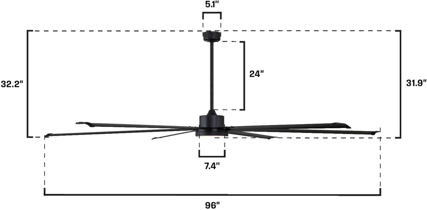 Westinghouse Lighting Adjustable Ceiling Fan with Light, 96-Inch Industrial Indoor/Outdoor Widespan Fan in Matte Black, DC Motor, Dimmable LED with Opal Frosted Glass, Remote Control