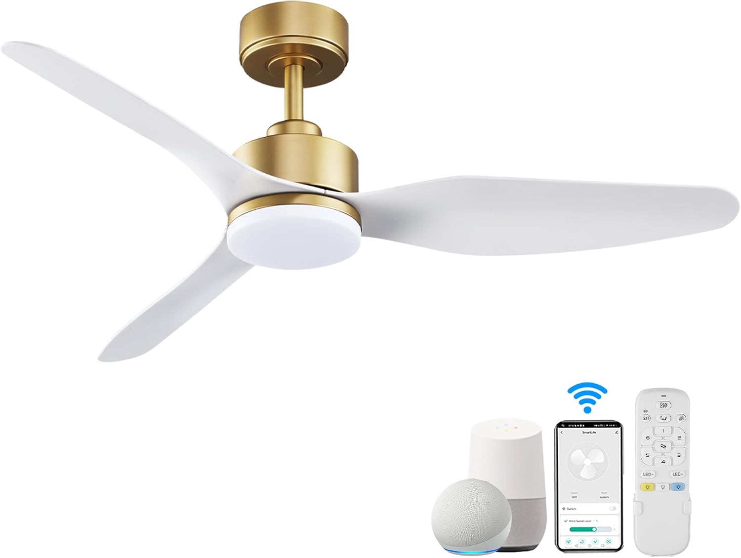 Hoenofly 48 Inch Smart Ceiling Fans with Lights and Remote Control,Dimmable LED Light,Outdoor Indoor Gold White Ceiling Fan,Quiet DC Motor,WIFI Alexa App Workable,for Modern Bedroom Living Room Patio