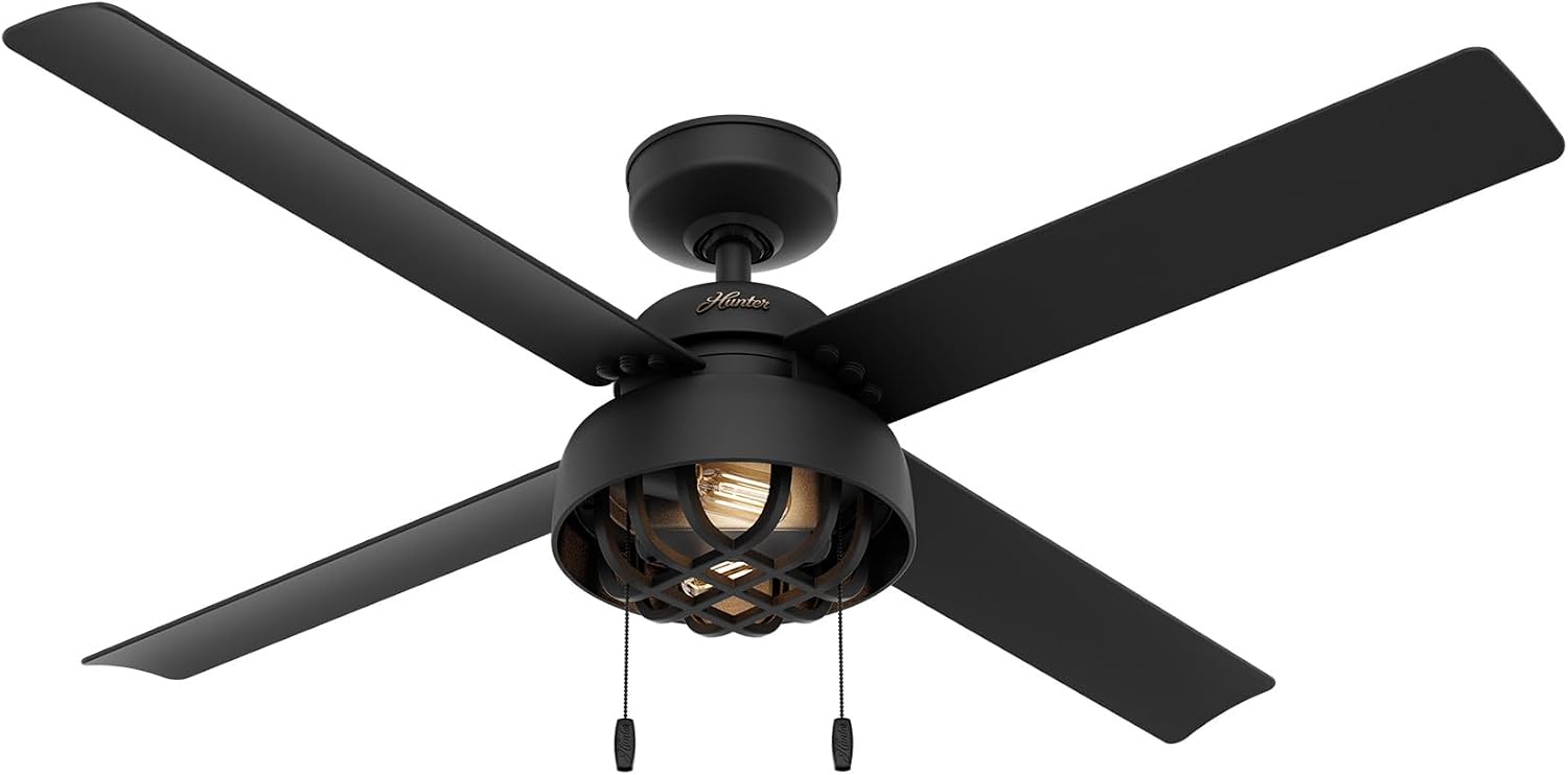 Hunter 52 inch Outdoor or Indoor Ceiling Fan with LED Light and Pull Chain - Black Ceiling Fan, Standard Mount, 4 Blades, For Patio, Porch, Garage, or Living Room - Spring Mill 50336, Matte Black