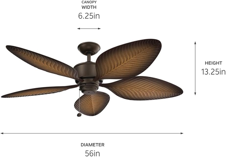 Kichler Nani 56 in Outdoor Ceiling Fan Weather+ 5 Blade AC Motor with Pull Chain in Satin Natural Bronze and Ivory with Walnut Blades for Covered Patios, 310095SNB
