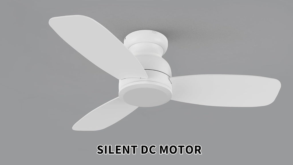 CEME 44 Inch Flush Mount Ceiling Fan without Lights, White Ceiling Fan with Remote Low Profile, 10-Speed Reversible DC Motor, 3 Dual Finish Blades, Indoor for Bedroom