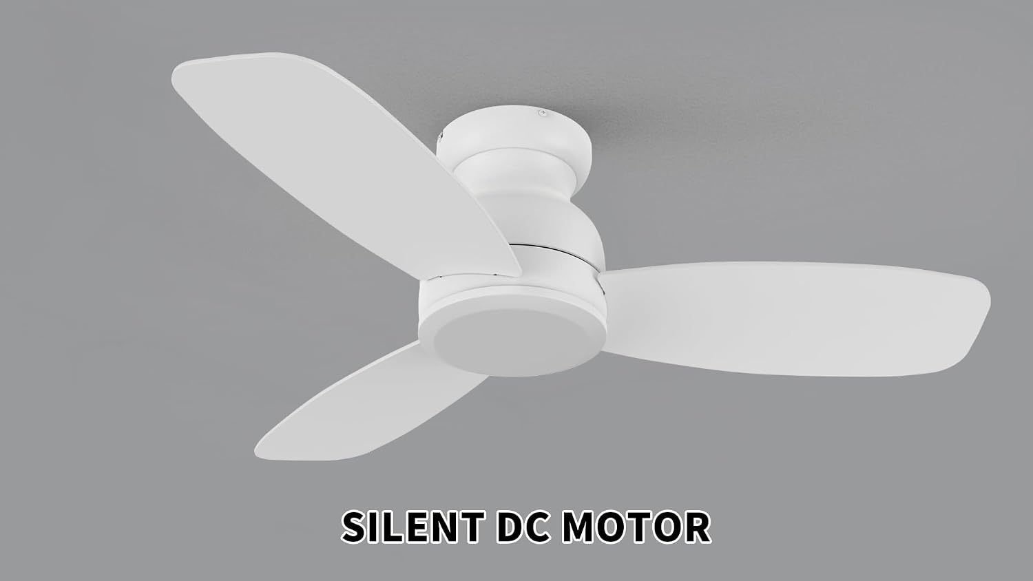 CEME 44 Inch Flush Mount Ceiling Fan without Lights, White Ceiling Fan with Remote Low Profile, 10-Speed Reversible DC Motor, 3 Dual Finish Blades, Indoor for Bedroom