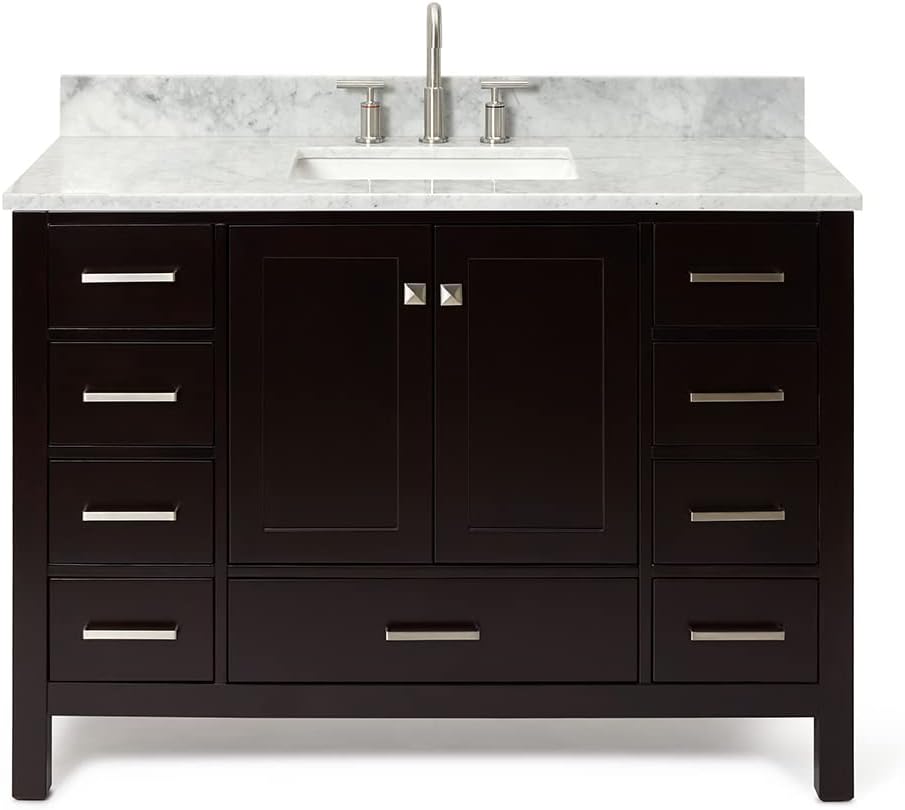 ARIEL Cambridge 48-inch Bathroom Vanity with Sink,Solid Wood, 0.75-inch Italian Carrara Marble Countertop, Single Rectangular Porcelain Sink, 2 Soft Closing Doors, 9 Dovetail Drawers, Espresso