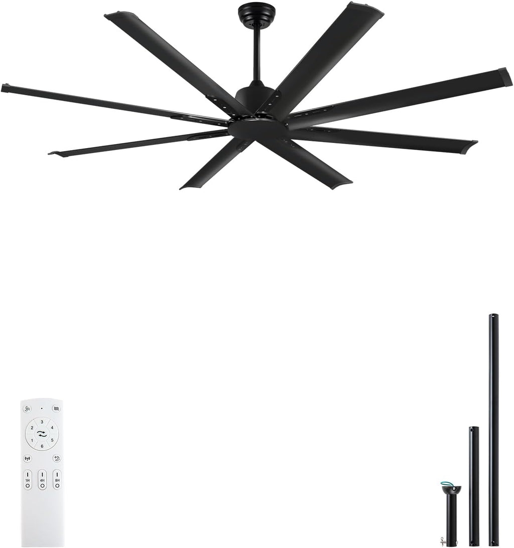 Minislak 72 Inch Ceiling Fan No Light with Remote,8 Aluminum Blades,Industrial DC Motor Quiet Operation,6 Speeds,Large Indoor Outdoor Ceiling Fan for Garage,Patio,Living Room(Black)