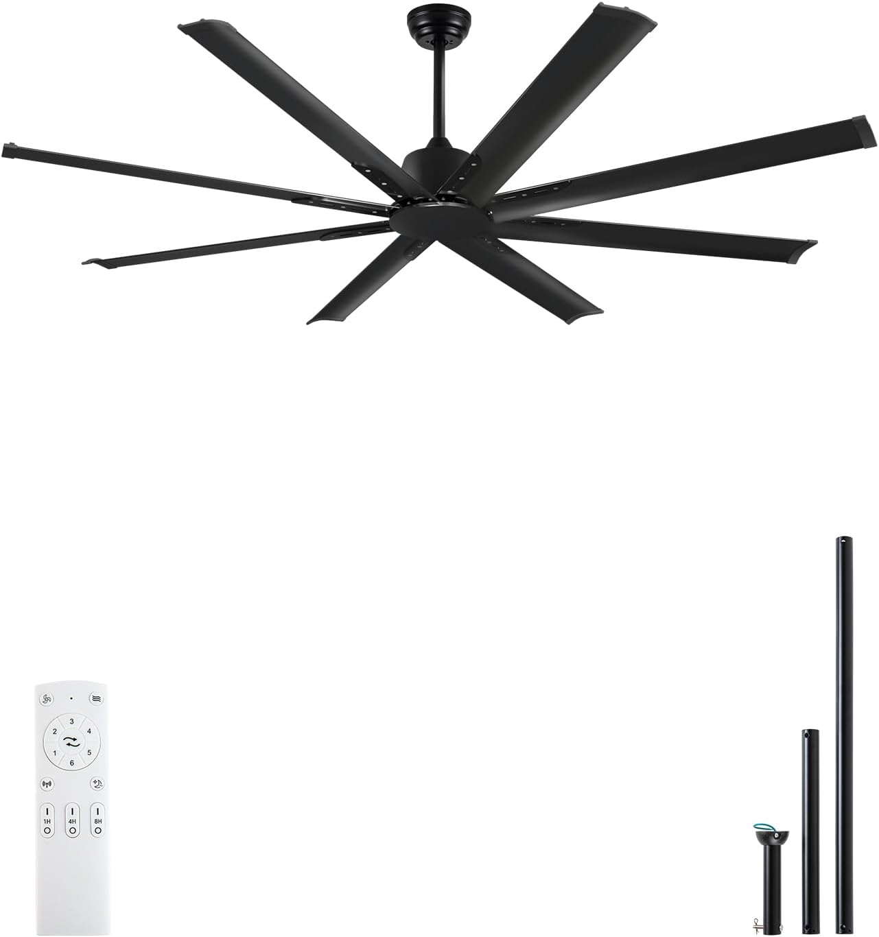Minislak 72 Inch Ceiling Fan No Light with Remote,8 Aluminum Blades,Industrial DC Motor Quiet Operation,6 Speeds,Large Indoor Outdoor Ceiling Fan for Garage,Patio,Living Room(Black)