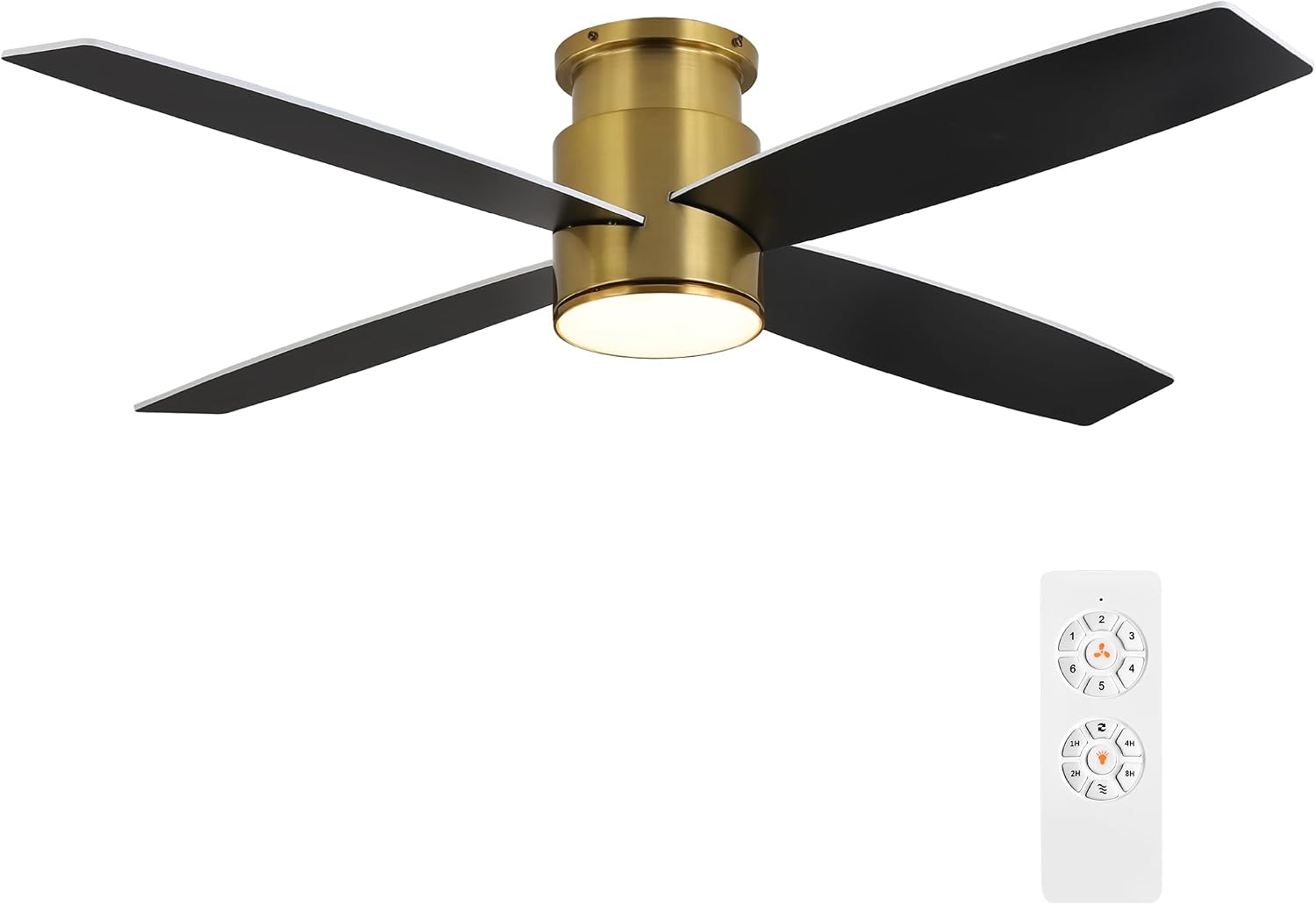WINGBO 44 Inch Flush Mount DC Ceiling Fan with Lights and Remote, 4 Reversible Blades, Ultra Quiet 6-Speed DC Motor, Hugger Low Profile Indoor Ceiling Fan, Brass Finish