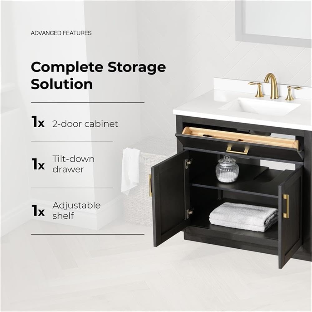 Pemberly Row 36' Bathroom Vanity, Matte Black Wood Finish, White Quartz Countertop, 20' Rectangular Undermount Sink, 2 Soft-Close Doors, Adjustable Shelf, Traditional Shaker Style for Small Bathroom