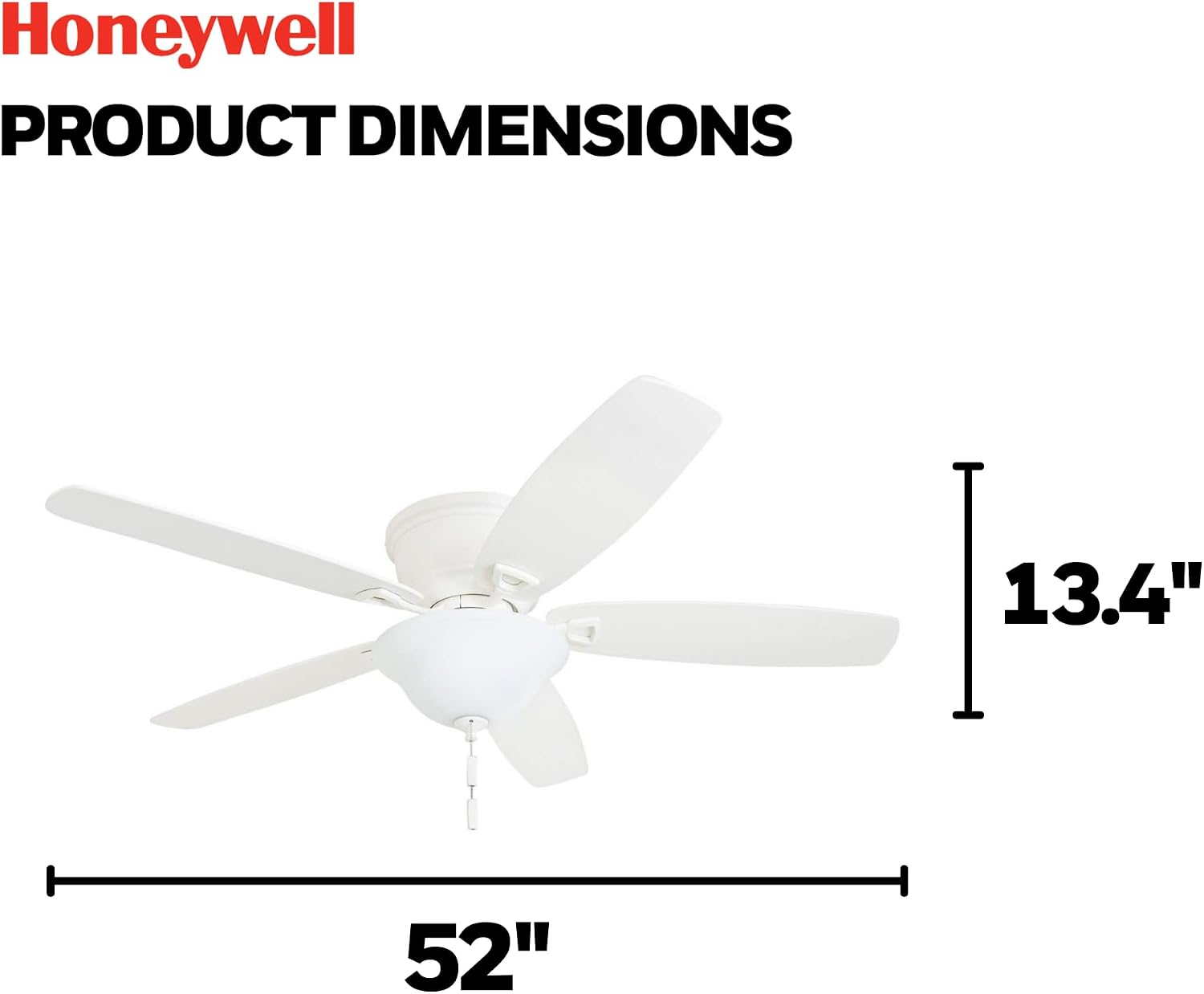 Honeywell Glen Alden 52 Inch Indoor LED Ceiling Fan with Bowl Light, Pull Chain Control, 5 Dual-Finish Blades, Quiet Reversible Motor, White