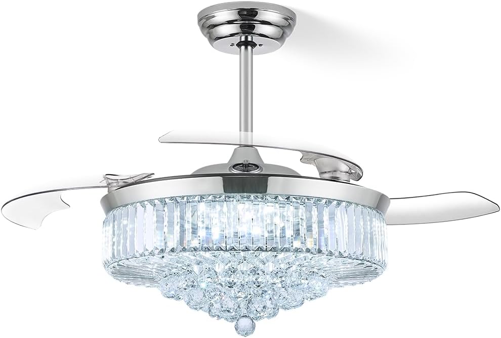52 Inch Fandelier Ceiling Fan with Light, Retractable Chandelier Fan LED Dimmable Crystal Ceiling Fan for Bedroom Living Room Dining Room-Chrome