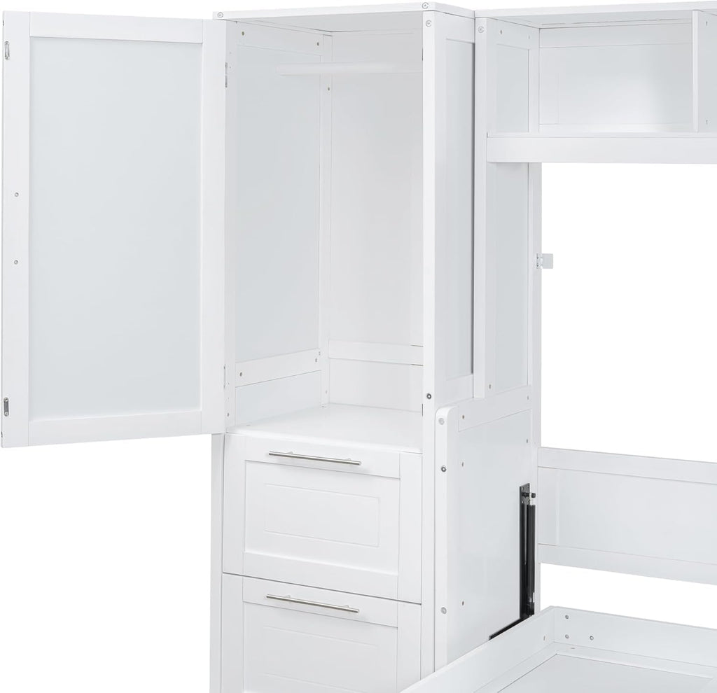 MERITLINE Full Murphy Bed with Wardrobe Closet,2 Drawer,4 Storage Open Shelves,Wood Folding Murphy Wall Bed Cabinet (White,Full)