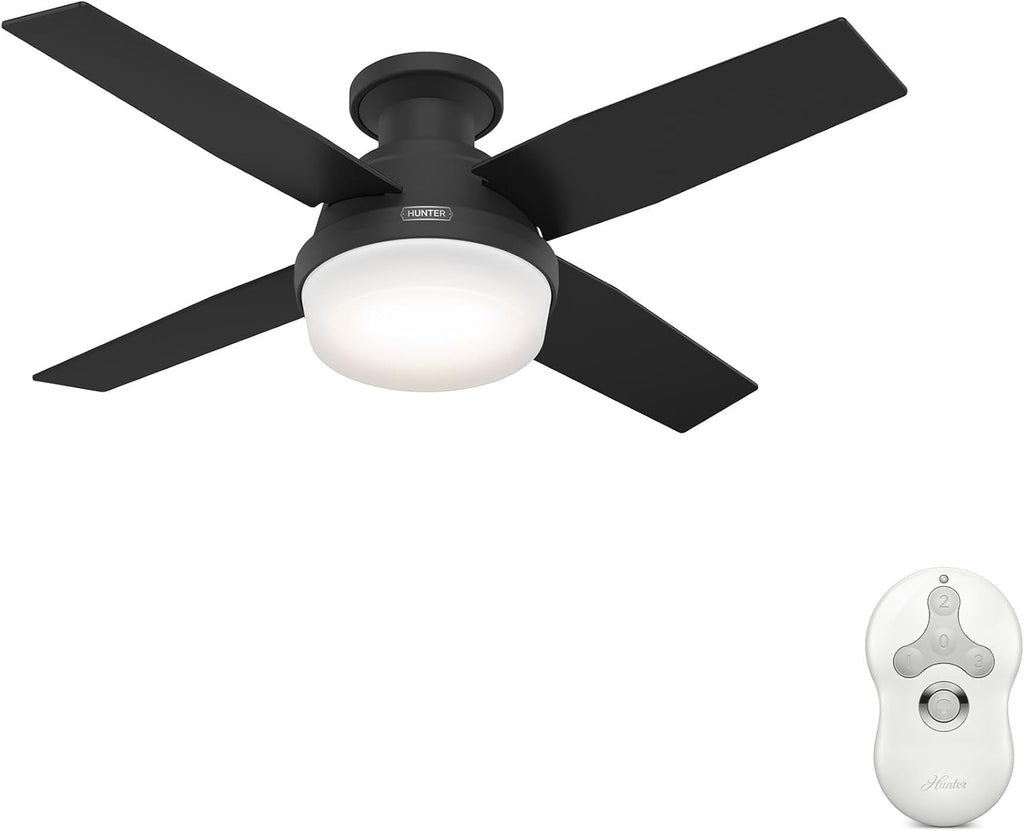 Hunter 44 inch Indoor Ceiling Fan with LED Light and Remote Control - Black Modern Ceiling Fan, Low Profile Mount, 4 Blades, For Bedroom, Living Room, or Kitchen, Quiet - Dempsey 52390, Matte Black