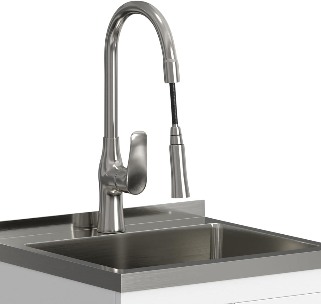 SIMPLIHOME Darwin All-in-One 20 inch Wide Utility Sink and Laundry Cabinet in Pure White Finish, Transitional Stainless Steel Sink Cabinet for Laundry Rooms with High-Arch Chrome Faucet and Storage