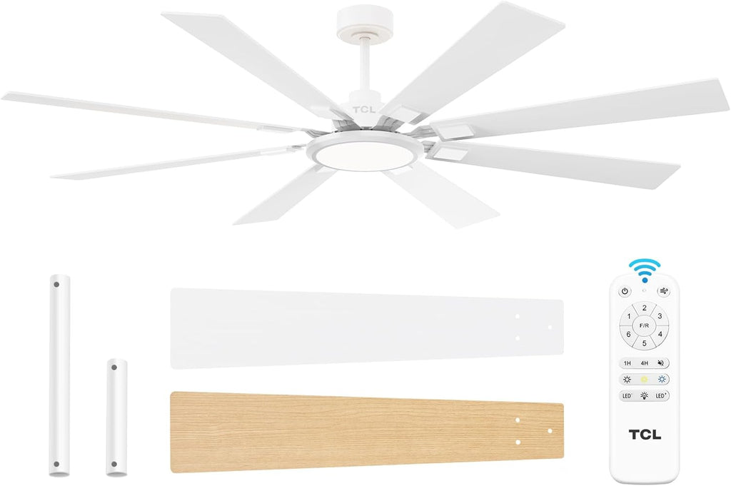 TCL Ceiling Fans with Lights and Remote: 8 Blades, Quiet Reversible DC Motor, Dimmable Super Bright LED, Noiseless Large Modern Fan for Room, Outdoor, Commercial and Industrial Use (White, 62 Inch)