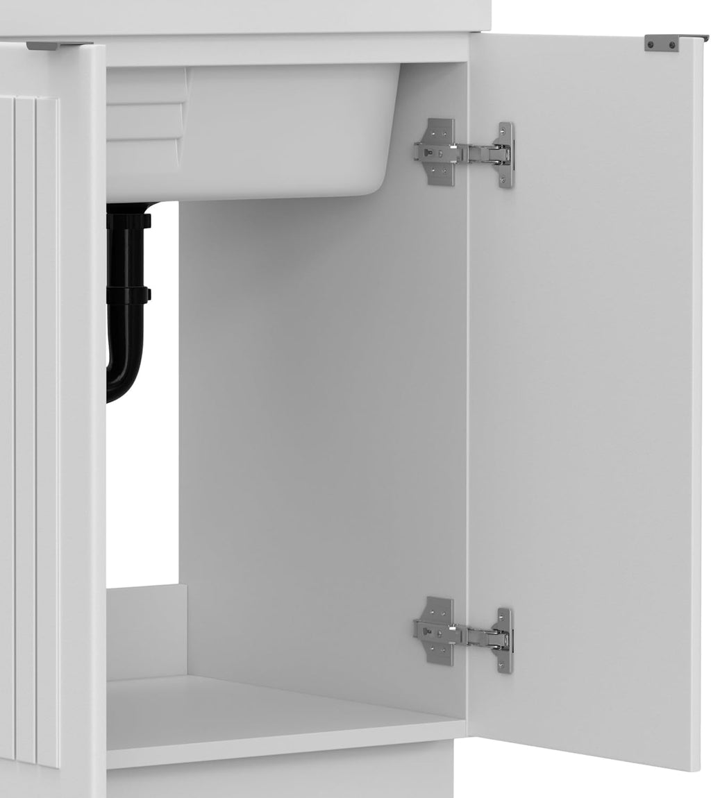SIMPLIHOME Murphy All-in-One 28 inch Wide Utility Sink and Laundry Cabinet in Pure White Finish, Transitional ABS Sink Cabinet for Laundry Rooms with High-Arch Chrome Faucet and Pull-Out Spray