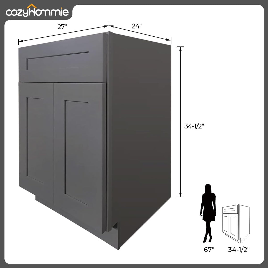 RTA Sink Base Storage Cabinets by Solid Wood for Bathroom, Kitchen - Compact and Large Capacity with 2 Doors, 1 Fake Drawer (Pebble Grey, 27' Width x 24' Depth x 34-1/2' Height)