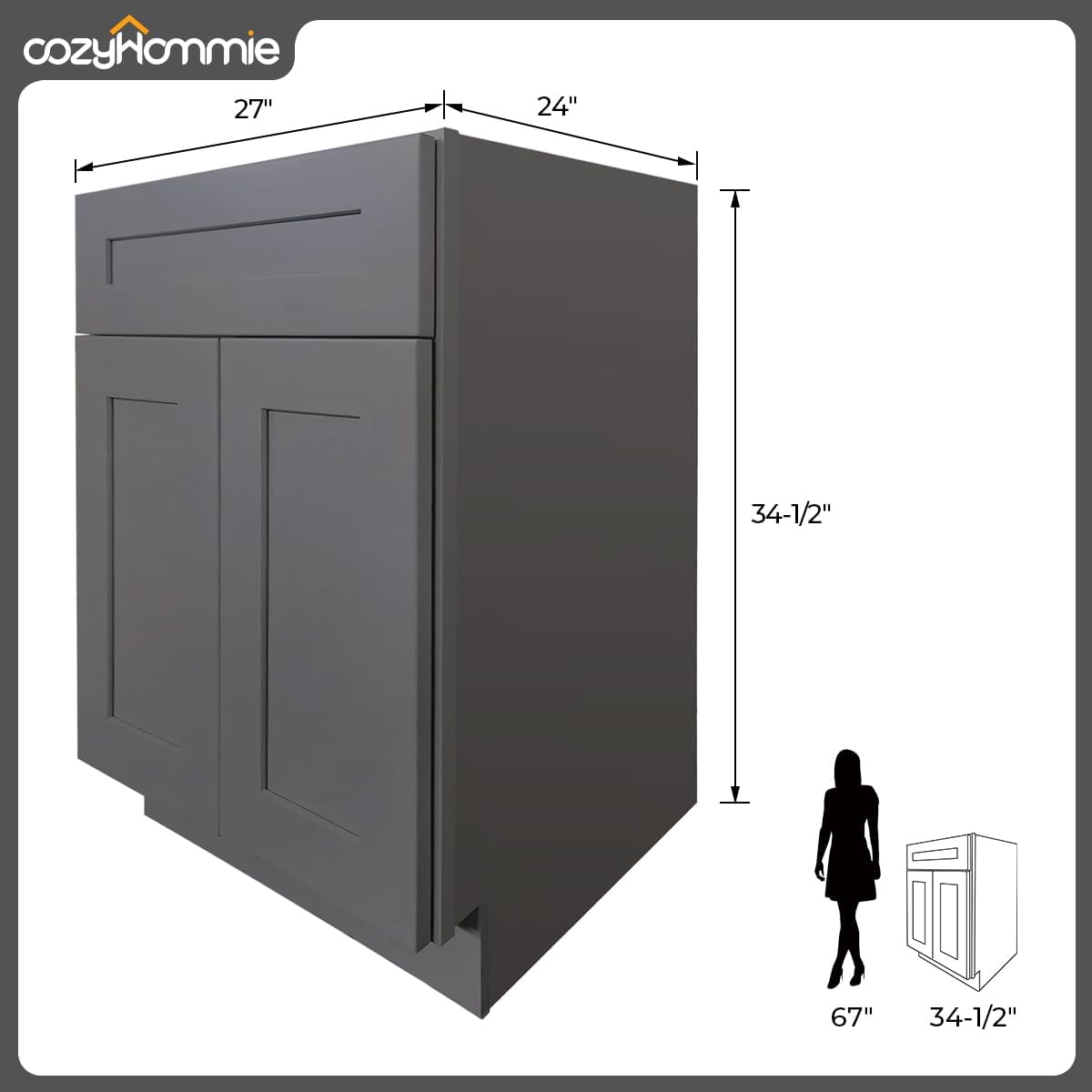 RTA Sink Base Storage Cabinets by Solid Wood for Bathroom, Kitchen - Compact and Large Capacity with 2 Doors, 1 Fake Drawer (Pebble Grey, 27' Width x 24' Depth x 34-1/2' Height)