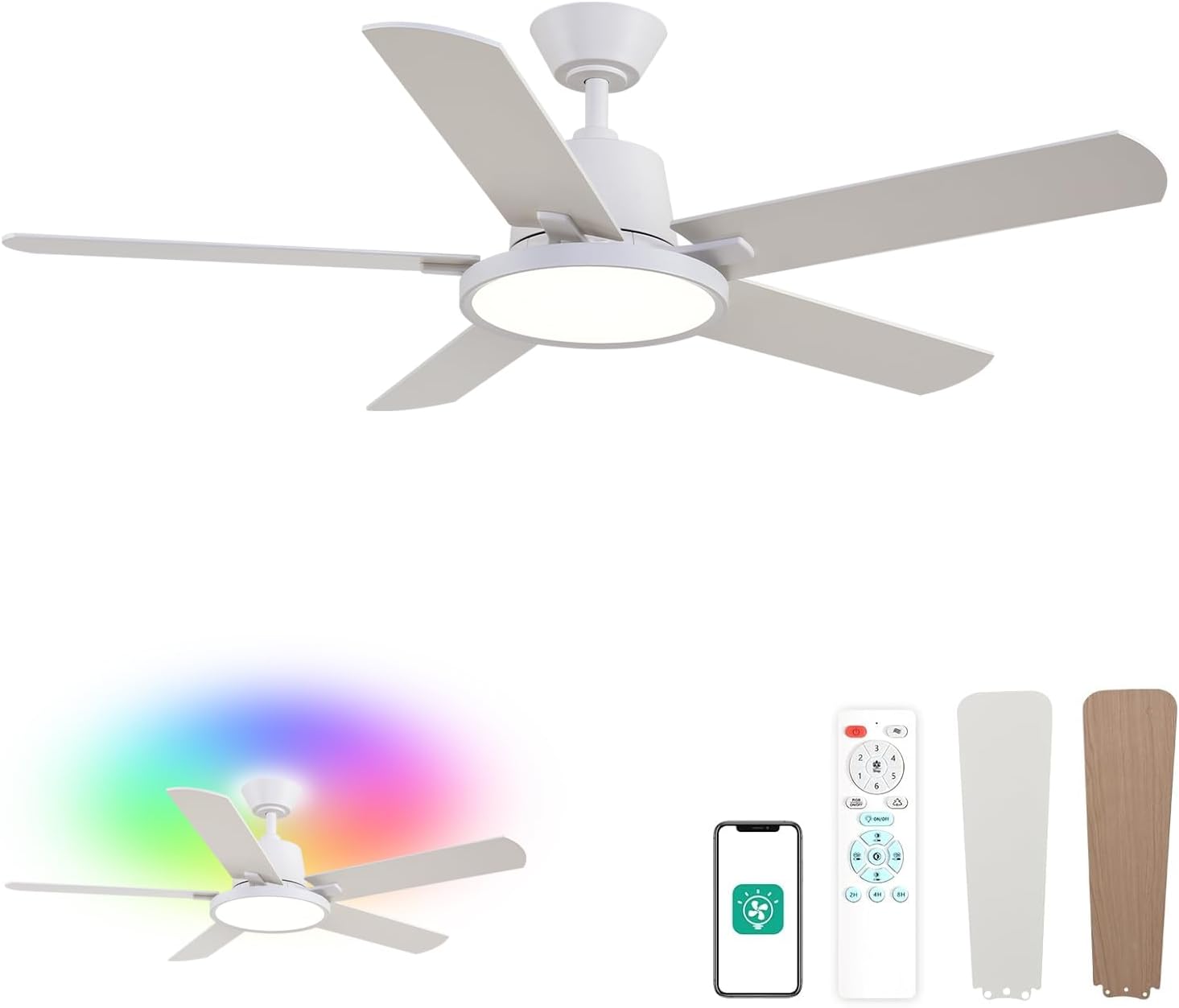 Orison Ceiling Fans with Lights, 52 inch Low Profile Ceiling Fan with RGB Backlight, Flush Mount Ceiling Fan with Remote and App Control,White Bedroom Fan, 6 Speeds, 3 Reversible Blades (White RGB)