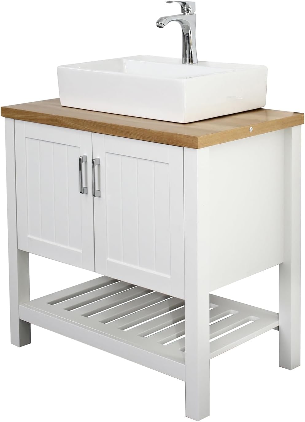 32' Farmhouse Single Bathroom Vanities, Wooden Bathroom Vanity with Sink Combo, Wood Slat Door Freestanding Single Bath Storage Cabinet with 2 Doors & Open Shelf, Cabinet