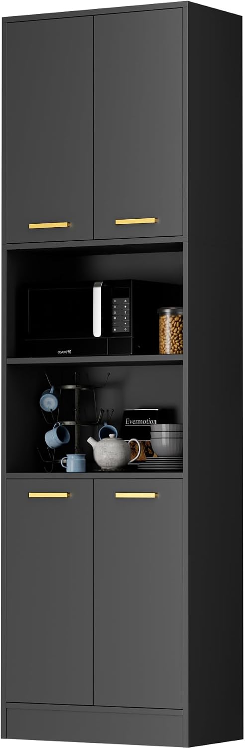 Cozy Castle Kitchen Pantry Cabinet, 75' Tall Wood Storage Cabinet with Doors and Shelves, 4 Doors Open Countertop Utility Hutch Cupboard for Dining Room Living Room Bathroom Furniture, Black