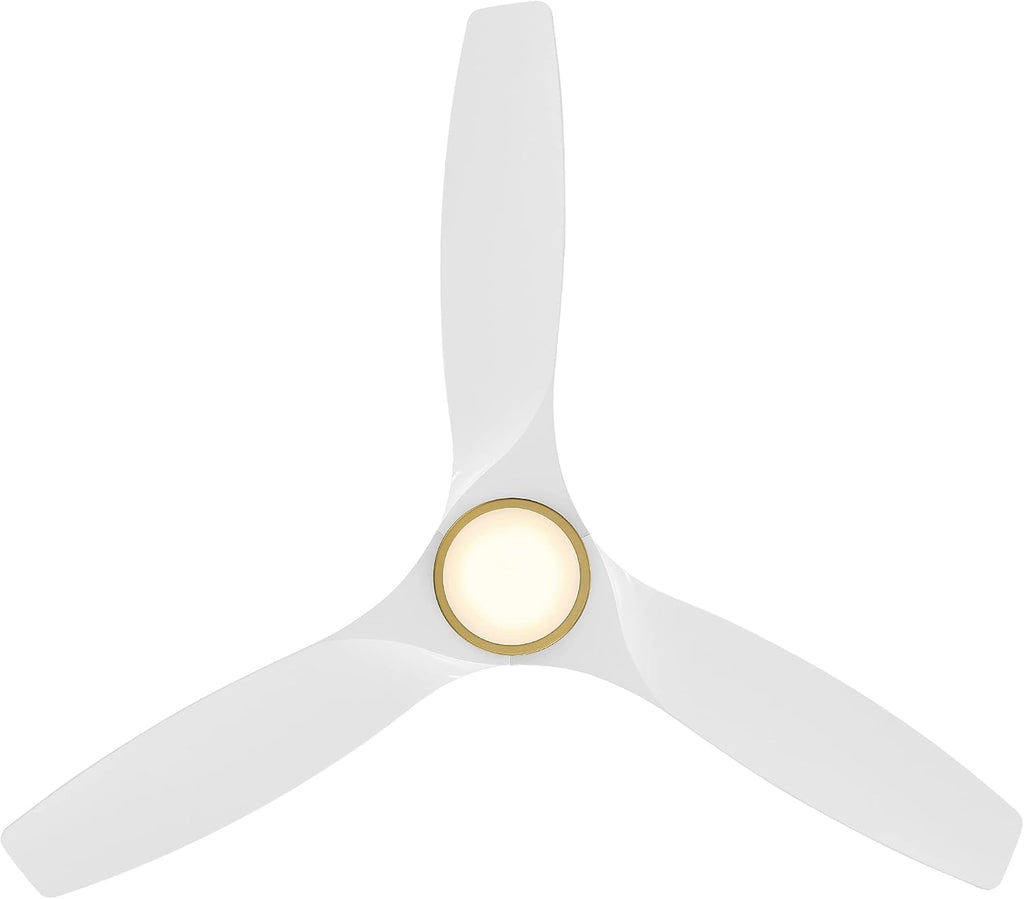 Skylark Indoor and Outdoor 3-Blade 54in Smart Flush Mount Ceiling Fan in Soft Brass Matte White Adjustable CCT 2700K-3000K-4000K-5000K LED Light Kit Remote Control works with Alexa, iOS or Android App