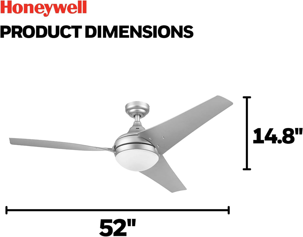 Honeywell Ceiling Fans Neyo, 52 Inch Contemporary Indoor LED Ceiling Fan with Light, Remote Control, Modern High Performance Blades, Reversible Motor Model- 51802-01 (Silver)