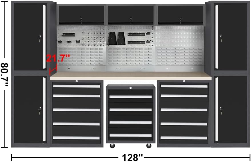 JZD Metal Garage Workshop Cabinet System Set with Drawers, Included One Rolling Tool Cart, No Wall Mounting Needed