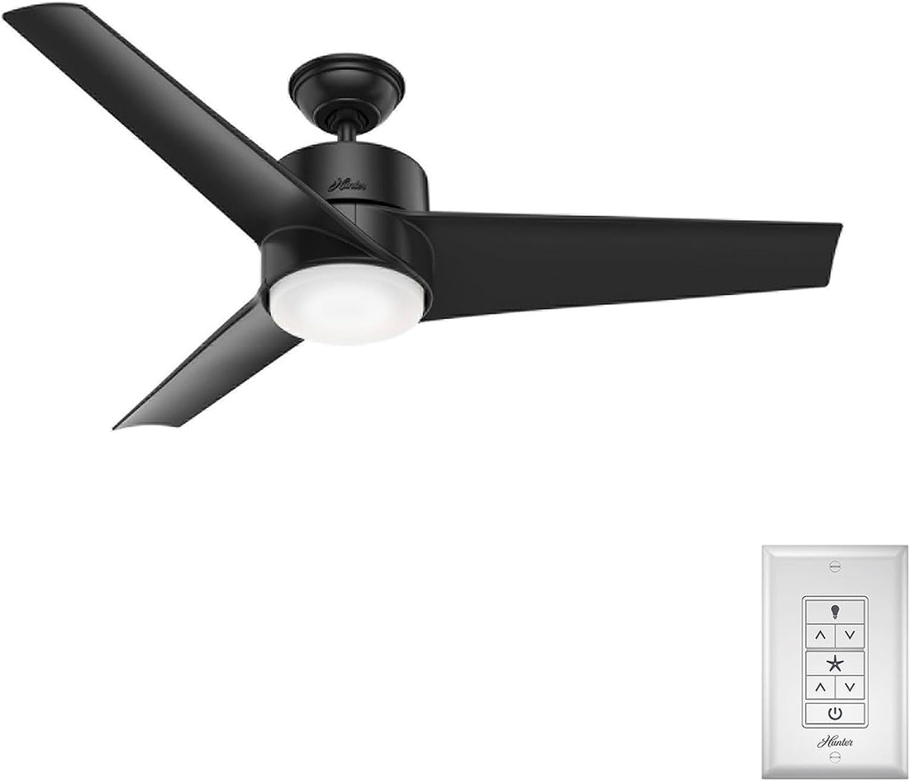Hunter 54 inch Outdoor or Indoor Ceiling Fan with LED Light - Black Ceiling Fan with Wall Control, For Patio, Garage, or Porch, Quiet, Standard Mount, 3 Blades - Havoc 59471, Matte Black